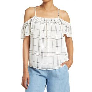 NWT Pleione Cold Shoulder Top in Ivory Black Window Pane Print L